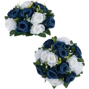 BLOSMON Navy Blue Rose Flowers: 2 Pcs Fake Floral Balls Centerpiece for Wedding Table Centerpieces - Artificial Silk Kissing Bouquet Flower Arrangement for Home Party Event Decor