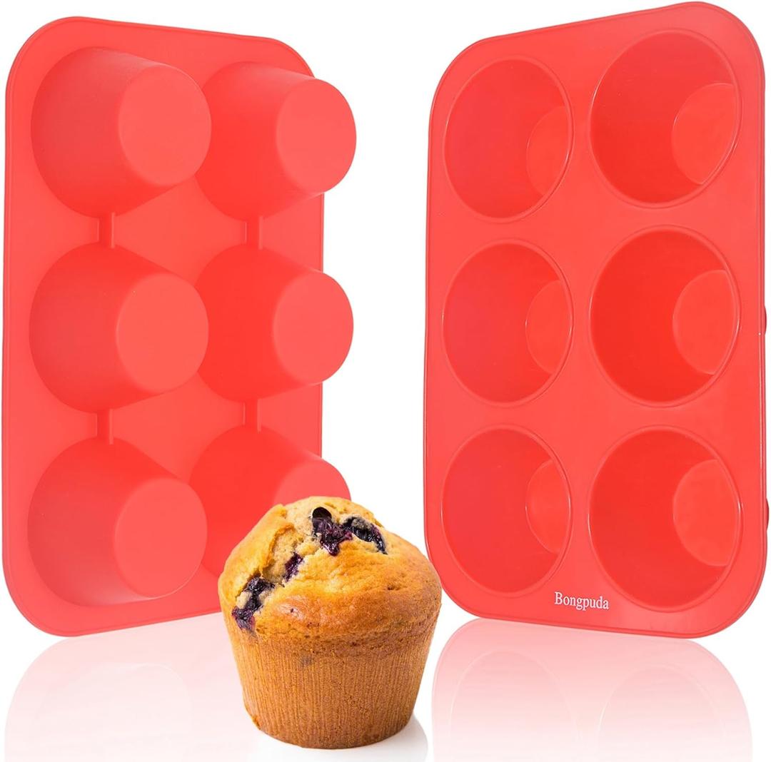 Silicone Large Muffin Pan 2 Pack,6 Cup Large Silicone Cupcake Pan,Non-Stick Jumbo Muffin Pans,Food Grade Cupcake Molds,Perfect for Egg Muffin,Big Cupcake Red