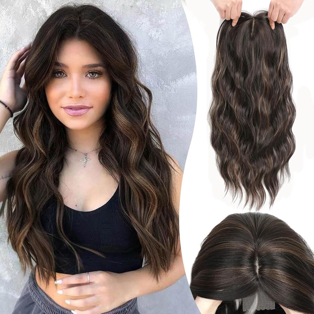 MORICHY Hair Toppers for Women Clip in Hair Topper with Bangs 20inch Chocolate Brown with Highlights Long Wavy Curly Synthetic HairPieces for Women
