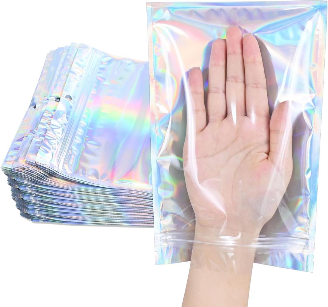 100 Pack Holographic Resealable Plastic Bags for Food Storage, Zipper Bags with Clear Front Window, Packaging Pouch for Small Business (100 Pack, 4.8x8 inch)