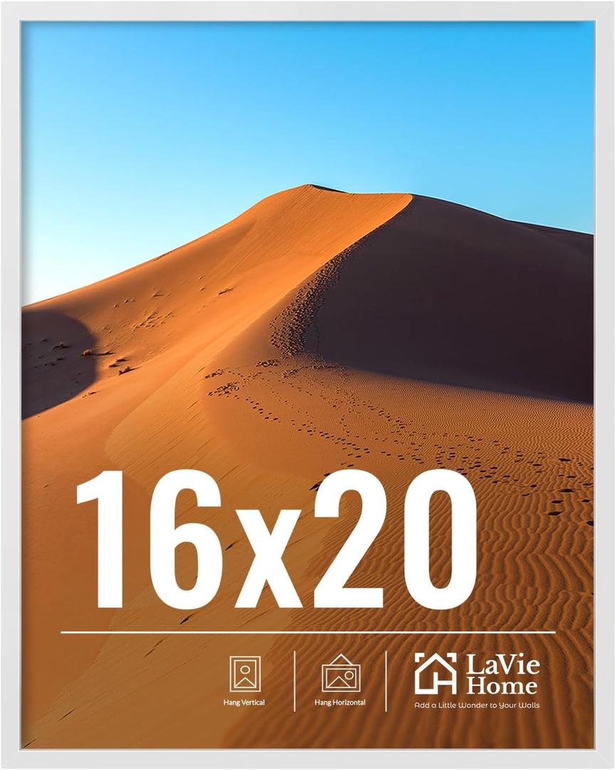 LaVie Home 16x20 Picture Frame for Wall Display, 16x20 White Picture Frame with HD Plexiglas, 16 x 20 Poster Frame 1 Pack, Display Frame for Vertical or Horizontal, Classic Collection