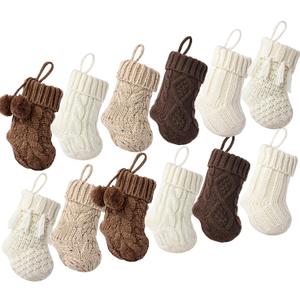 Farmhouse Knitted Mini Christmas Stockings: 12 Pack 7 Inch Earth Tones Neutral Cable Knit Fireplace Stockings, Rustic Cozy Hanging Xmas Stocking Decorations for Family Holiday Dcor, White Beige Brown