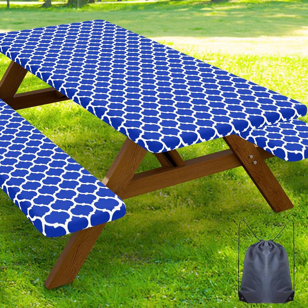 Smiry Picnic Table Cover with Bench Covers, Waterproof Elastic Fitted Tablecloth for 6 Foot Tables, Washable Polyester Tablecloths for Camping, Indoor & Outdoor (Blue, 30x72 Inch 3-pc Set)