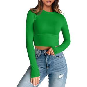 Trendy Queen Womens Long Sleeve Crop Tops Basic Slim Fitted Shirts Fashion 2025 Going Out Y2k Tops Teen Girl Clothes (Small, Green)