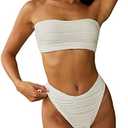 ZAFUL Women Strapless Textured Bandeau Bikini 2 Piece Swimwear Cheeky Solid Lace up Bathing Suits S