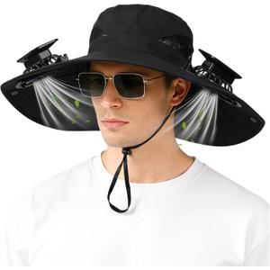 Solar Fan Hat,Solar Powered Fan Hat for Men Women,Wide Brim Sun Hat with 2 Solars Fan,2-in-1 Hands-Free Hats Fans (Black)