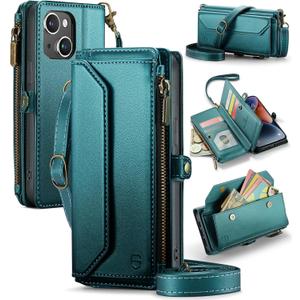 Wallet Case Compatible with iPhone 13 RFID Blocking 7-Card Holder Soft PU Leather Magnetic Snap Shoulder Strap Zipper Pocket Phone Case Fit for iPhone 13 for Women 6.1" - Blue Green