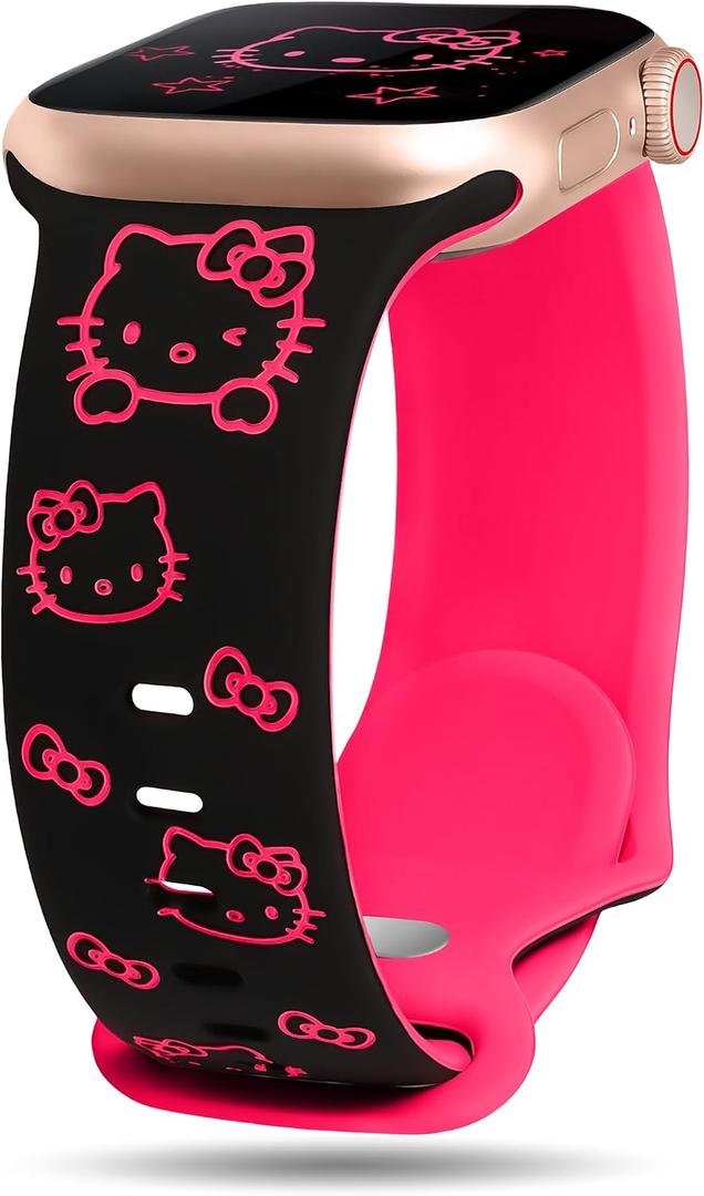 Cute Cat Engraved Band Compatible with Apple Watch Bands for Women 42/46/45/44/49mm, Funny Cartoon Pattern Soft Silicone Sport Strap for iWatch Series 11 10 9 8 7 6 5 4 SE/Ultra 3 2 1