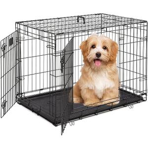 Large Dog Crate with Divider Panel, 36 Inch Double Door Folding Metal Wire Dog Cage with Plastic Leak-Proof Pan Tray, Pet Kennel for Indoor, Outdoor, Travel, 36S