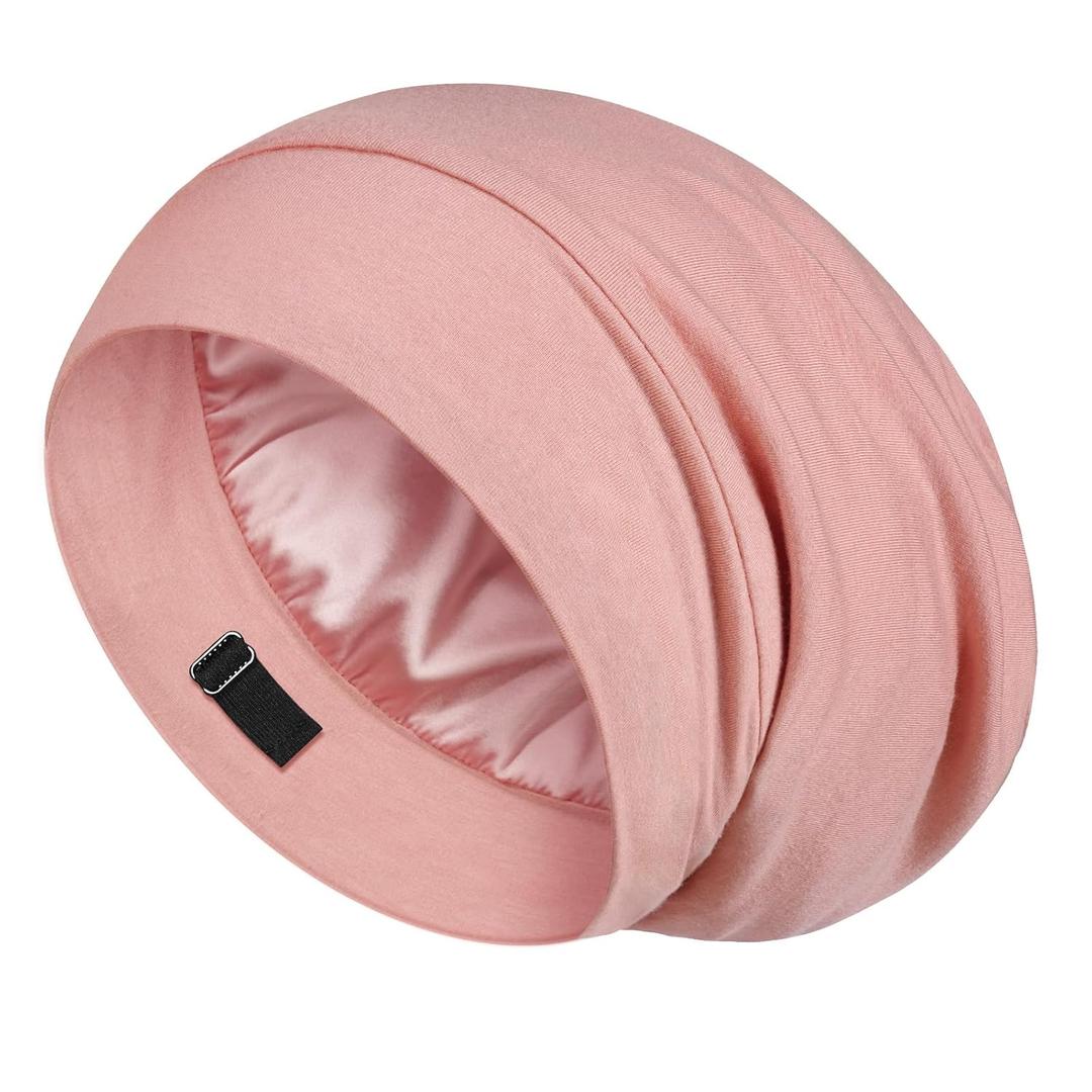 LULUSILK Mulberry Silk Bonnet for Sleeping Women, No More Frizzy Tangled Hair, Stay On All Night Silk Hair Wrap for Sleeping with Adjustable Strap, Silk Sleep Cap for Women and Men, Pink, Pack of 1