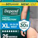 Depend Fresh Protection Adult Diapers, Incontinence Underwear for Men, Disposable, Maximum, Extra-Large, Grey, 26 Count