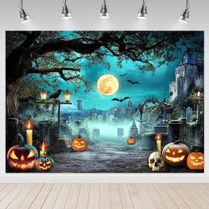 Mocsicka 8x6ft Halloween Photography Backdrop Scary Night Cemetery Background Graveyard Full Moon Horrible Scary Pumpkin Nightmare Party Hallowmas Decor Photobooth Props
