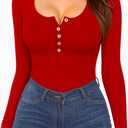 MANGOPOP Women Long Sleeve Scoop Neck Henley T Shirts Button Down Slim Fit Tops Ribbed Knit Shirts (XX-Large, Red)