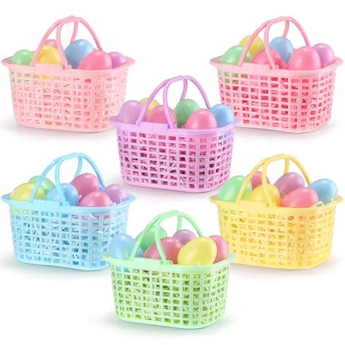 Jetec 48 Pcs Easter Egg Baskets Set, 6 Plastic Easter Baskets with Handle 36 Colorful Fillable Egg Surprise 6 Tissue Raffia Paper for Spring Theme Party Favors(Macron Color)