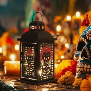 Day of The Dead Decorations, DECORKEY 13.4 Decorative Skull Women&Men Candle Lantern with 60" Lights(No Battery), Tabletop&Hanging Lantern for Indoor&Outdoor Yard Altar Table Party Halloween Decor