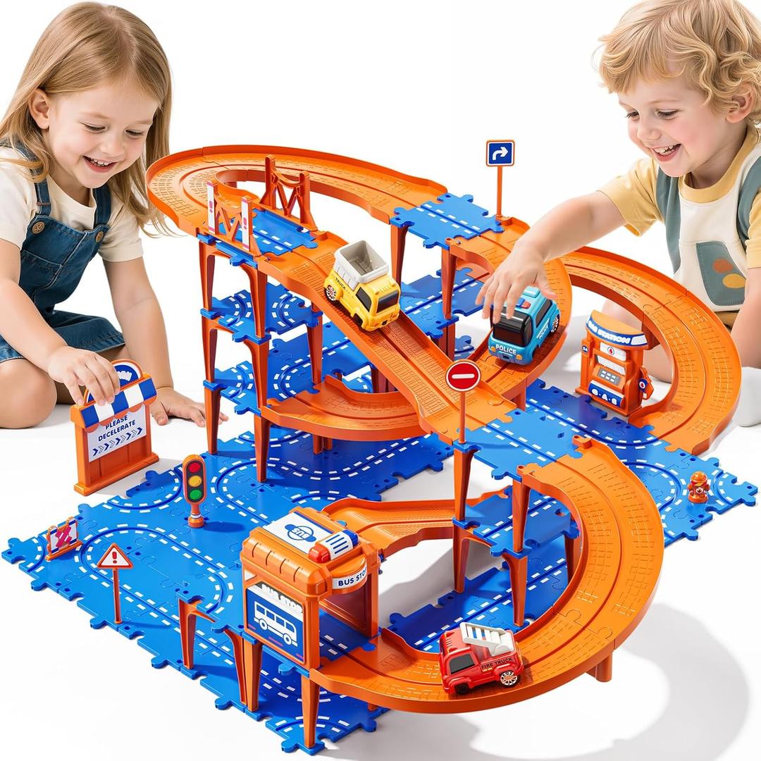 96PCS Puzzles Track Cars Toys for Kids Age 3-8 8-13, 4-Tier Race Track with 3 Cars, Toddler Educational Floor Puzzle Car Games Toys for Toddlers, Boys and Girls, 5 6 7 8 9 10 Years Old Birthday Gift