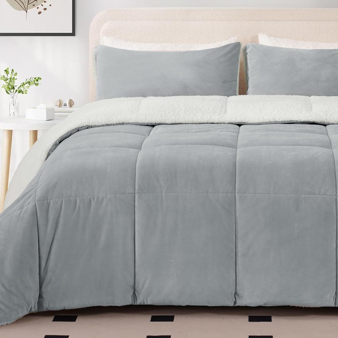 MERITLIFE Fluffy Sherpa King Size Bedding Comforter Sets King Comforter Set-3 Pieces Bed in a Bag Light Grey Soft Comforter and Pillowcase Luxury Warm Bedding Set for Winter