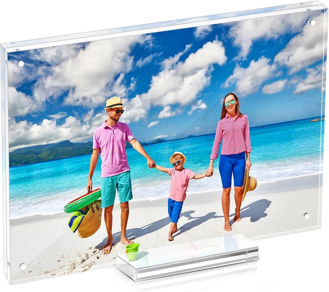 6x8 Magnetic Acrylic Picture Frame, Clear Double Sided Frame with Base, Frameless Floating Lucite Photo Frame Stands on Desk Table Horizontally or Vertically