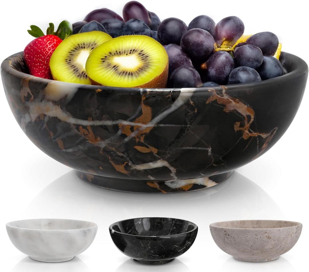 Gusto Nostro 8" Luxury Black Marble Decorative Bowl for Coffee Table - Elegant Decorative Fruit Bowl for Kitchen Counter - Heavy Stone Entryway Catch All for Keys, Potpourri Holder Centerpiece, Medium (Black and Gold)