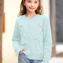 BesserBay Girl Fall 3D Bow Button Down Knit Ruffle Long Sleeve Cardigan Sweater 6-14 Years (Blue)