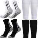 KMOLY 1 Set Kids Grip Soccer Socks and Shin Guard Sleeves for Age 7-14 Youth Boys Children Football Basketball Training Black+White