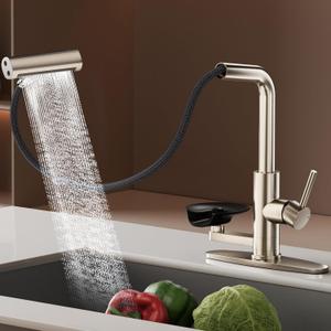 SINGSUO Pull Down Kitchen Faucet with Glass Rinser (Brushed Nickel) | 4 Spray Modes Kitchen Faucets with Pull Out Sprayer & Cup Washer, High Pressure Single Handle Bar Sink Faucet 1 or 3 Hole