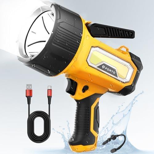 FORTO Rechargeable Spotlight Flashlight with 80000 Candela, 2000 Lumens Handheld Spotlight with Foldable Stand, 6 Modes IPX7 Waterproof LED Spot Lights for Boating Hunting Camping Hiking (Yellow)