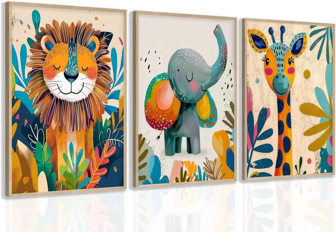 3Pcs Safari Animal Nursery Canvas Wall Art Cute Watercolor Elephant Giraffe Lion Pictures Wall Decor Colorful Jungle Animals Posters Painting Prints for Kids Room Baby Boys and Girls Room, Unframed (16L''x12W'')