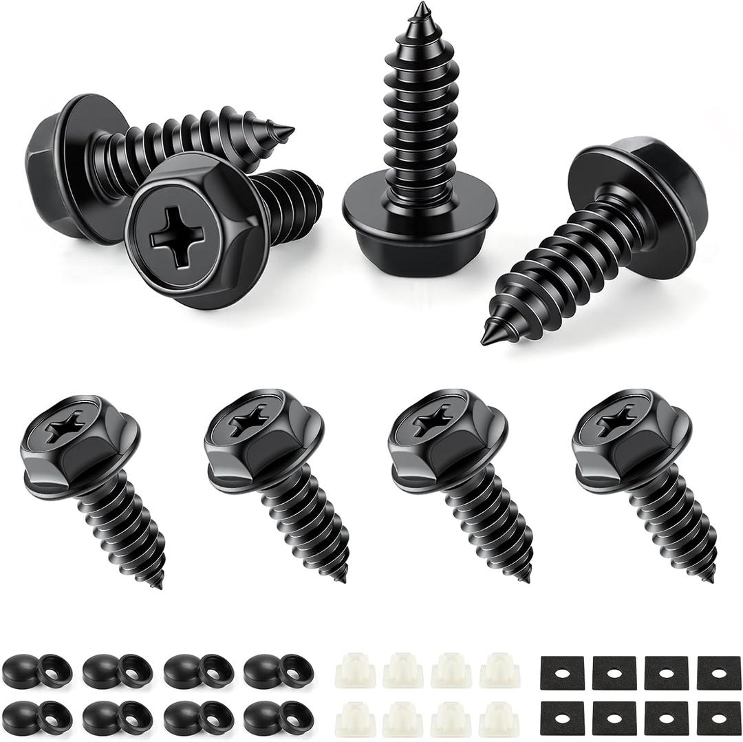 LivTee Rustproof License Plate Screws for Securing License Plates Frames and Covers on Cars and Trucks, 8 Set Premium Stainless Steel Self Tapping Mounting Bolts (Black Zinc Plated)