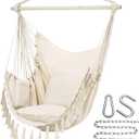 Y- Stop Hammock Chair Hanging Rope Swing, Max 500 Lbs, 2 Cushions Included, Large Macrame Hanging Chair with Pocket for Superior Comfort, with Hardware Kit (Beige)