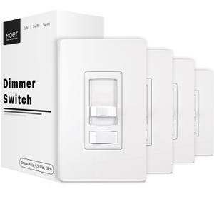 MOES Dimmer Light Switch 4 Pack, 3 Way & Single Pole Dimmable Switch for LED,CFL,Incandescent,Halogen, 600Watt Max, ON/Off Switch with Dimming Slide for Bedroom Hallway, No Neutral Wire Required (White)