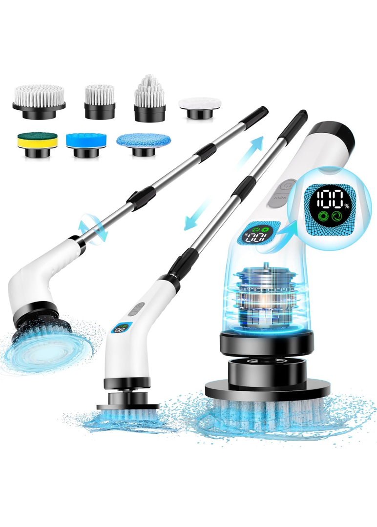ALPONI Electric Spin Scrubber LA1 Pro, Cordless Spin Scrubber with 4 Replaceable Brush Heads and Adjustable Extension Handle, Power Cleaning Brush for Bathroom Floor Tile (White)