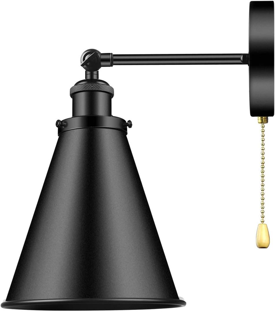 Industrial Farmhouse Wall Sconce with Pull Chain Switch, Metal Wall Sconce Light Fixture for Kitchen Sink Hallway Bedroom (Black)