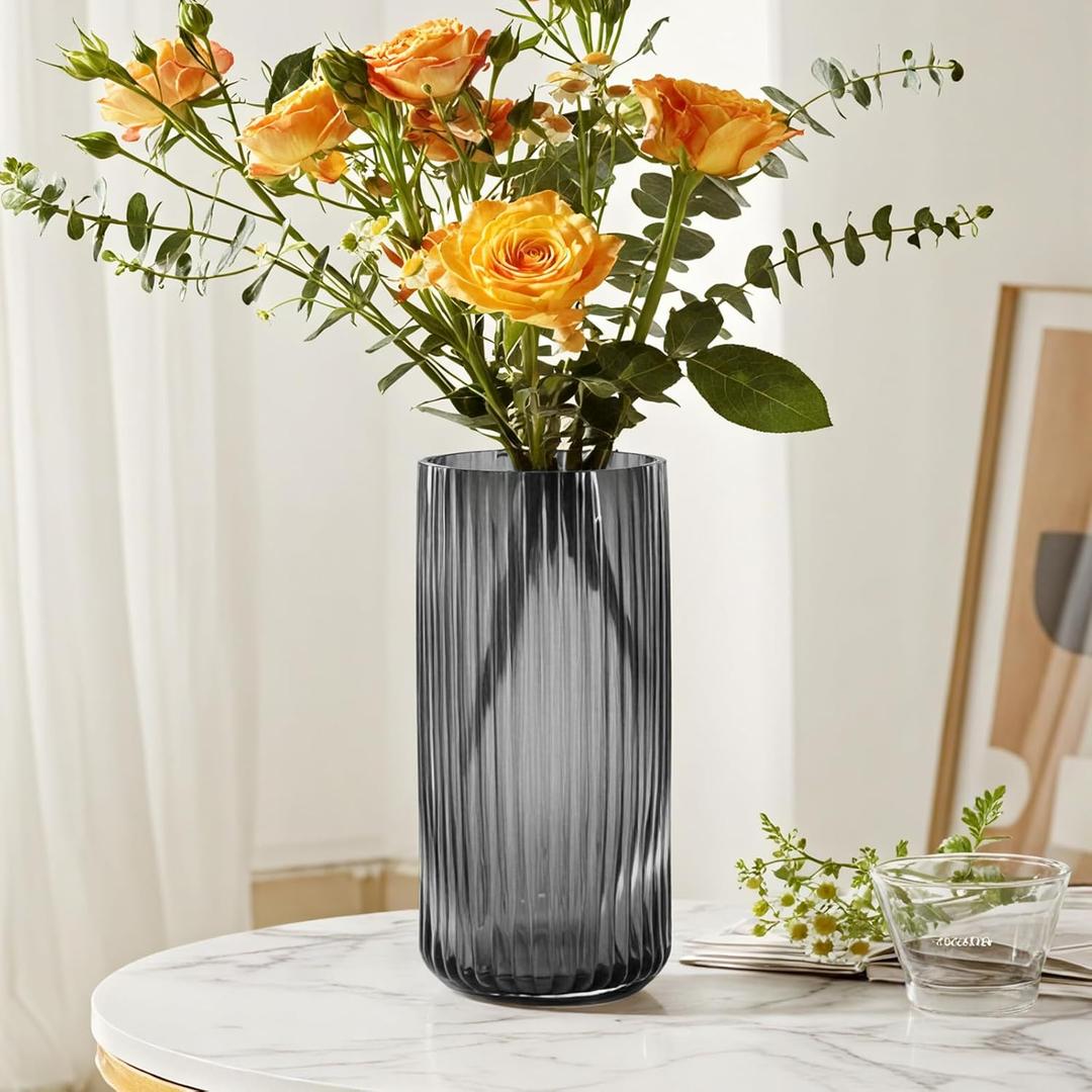 Modern Grey Glass Vase-11 Inch Tall Ribbed Glass Cylinder Vases for Flowers, Bouquet, Desk, Dining Table, Shelf, Decorative Flower Vase for Centerpieces, Home Decor, Living Room, Wedding (Gray)