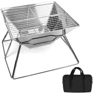 QWORK Portable Stainless Steel Camping Grill, Foldable Wood Burning and Charcoal BBQ, Dual Height Adjustable with Ash Catcher, for Outdoor, Beach, and RV Camping