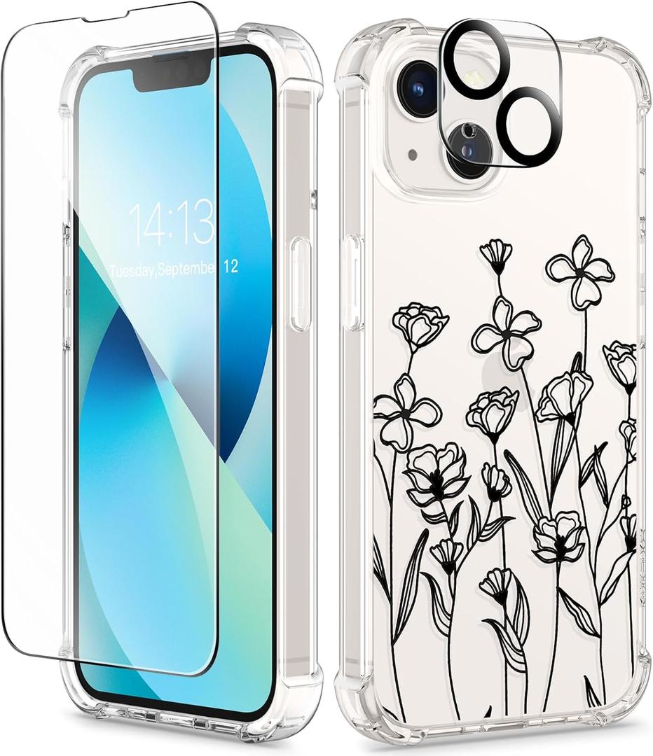 GVIEWIN for iPhone 13 Case Floral, with Screen Protector&Camera Lens Protector,[Non Yellowing] Soft Shockproof Clear Phone Protective Cover for Women, Flower Pattern Design 6.1"(Sketch/Black)