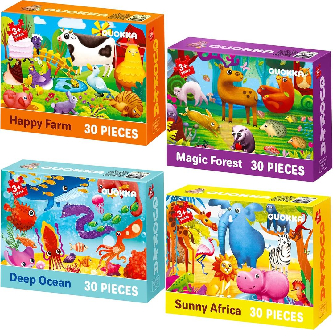 QUOKKA Puzzles for Toddlers 3-5 - 4 x 30 Pieces Puzzles for Kids Ages 2-4 - Animal Learning Jigsaw Puzzles for Kids 4-6 Years Old - Educational Toys for Boy and Girl (Domestic & Wild Animals)