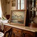 Vintage Gold Framed Wall Art, Flying Wild Ducks Over Marsh Oil Painting Print, Rustic Nature Landscape Decor for Living Room, Bedroom, Cabin, Ready to Hang, 24"L x 16"W