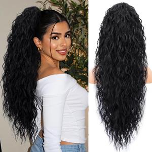 Claw Clip Ponytail Extension Long Black Curly Drawstring Clip in Pony Tails Hair Extensions 26 Inch Synthetic Layered Fluffy Hairpieces for Women