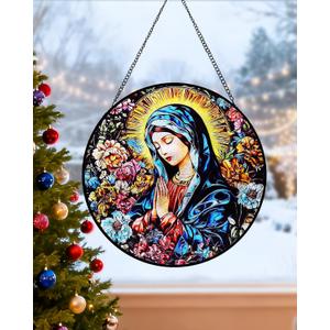 Virgin Mary & Flowers Stained Glass Window Hanging, 8" Round Religious Suncatcher for Indoor Window, Spiritual Birthday Gifts for Catholic Mother
