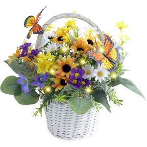 Eksen Artificial Flowers in Basket Vase with Lights, Faux Floral Arrangement for Table,Home Kitchen Centerpieces Party Decor