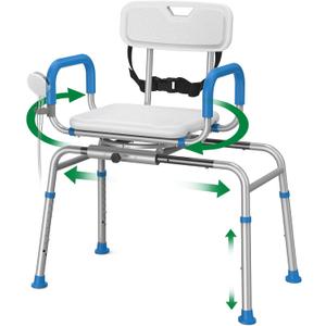Loyoda FSA/HSA Eligible Sliding Shower Chair Tub Transfer Bench for Bathtub with Swivel Seat, Shower Bench with Pivoting Arms, Height Adjustable Shower Seat, 350 lbs,White&Blue,Standard