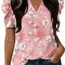 LOMON Spring Summer Tops for Women 2026 V Neck Puff Short Sleeve Tops Fashion Trendy Work Blouses Dressy Casual S-XXL (L)