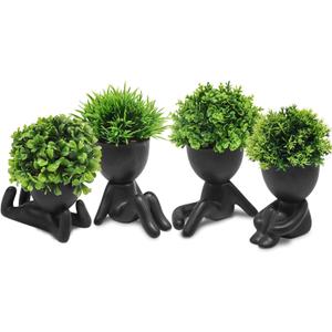 MAKHOT 4PCS Cute Artificial Mini Succulent Plants with Creative Human Shaped Pots, Small Fake Plants for Shelf Desk Tabletop Office Home Decoration(Black)