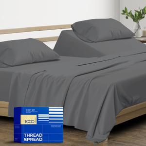 THREAD SPREAD 100% Pure Egyptian Cotton Split King Sheets Sets for Adjustable Bed - 1000 Thread Count 5 PC Top Split King Sheet for Sleep Number Bed, Cooling Sheets, Fits Mattress upto 18" - Dark Grey