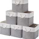 12 x 12 Inch Cube Storage Bins, 6 Pack Large Collapsible Fabric Storage Bin with Ropes, Foldable Storage Cubes for Home, Office,Closet, Clothes, Toys Organizer (White & Grey)