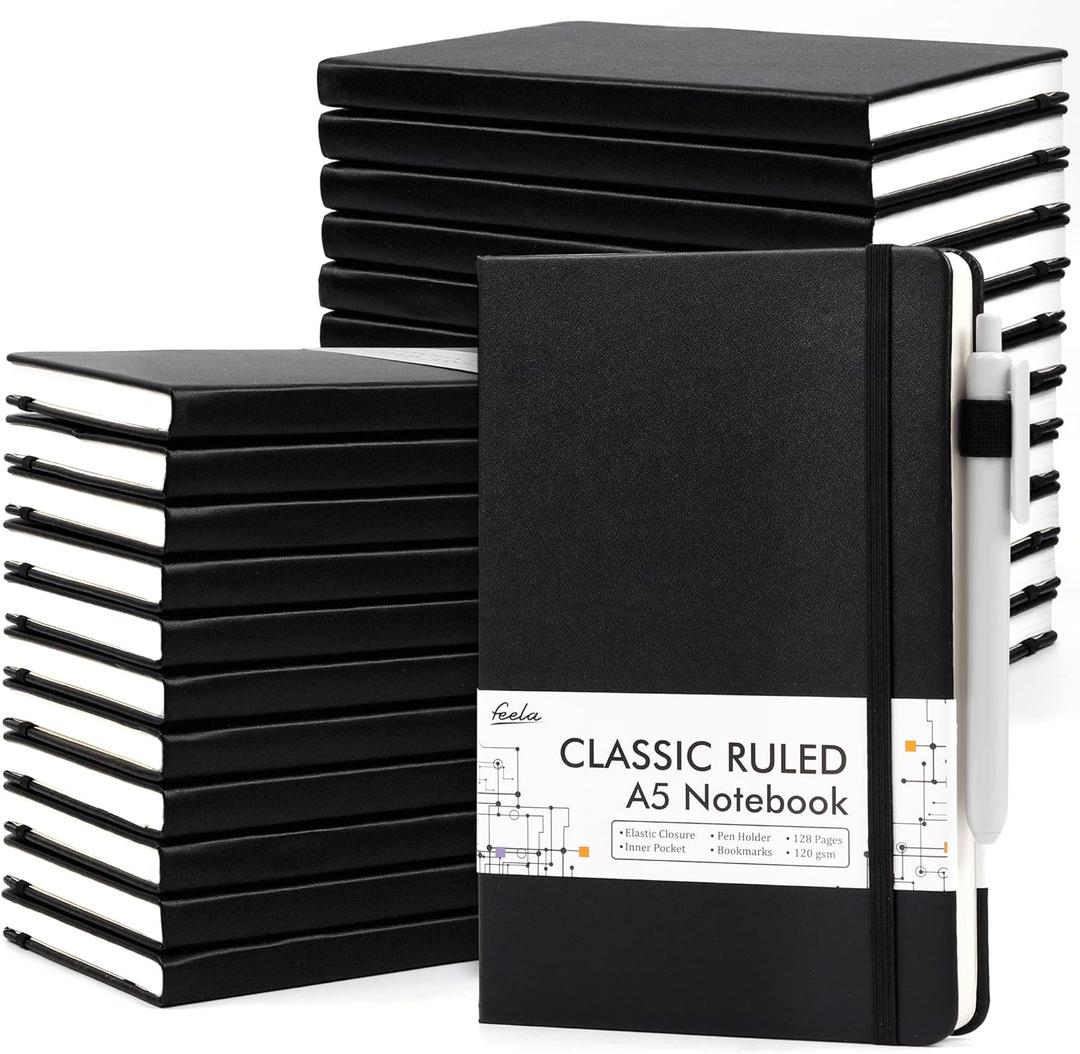 feela 24 Pack Journal Notebook for Work, Business Notebook Bulk Hardcover Lined Writing Journal with Pen Holder for Men Women Note Taking, with 24 Black Pens, 120 GSM, 5.1x8.3, A5, Black