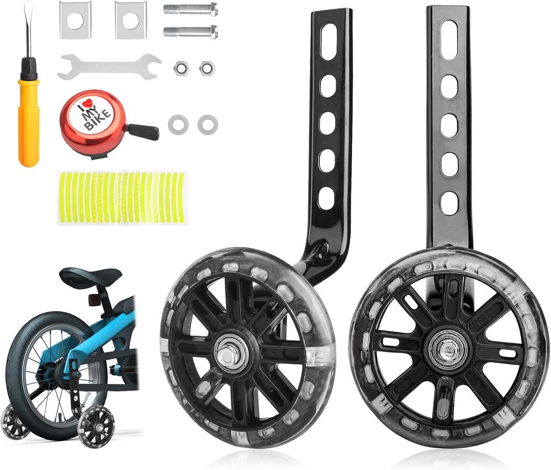 Trainer Wheels for Bicycle, Flash Mute Wheel, Heavy Duty Adjustable Bike Stabilizer for Kids with Bell and Reflective Sticker for 12 14 16 18 20 inch Single Speed Bike, Metal and Rubber, Black