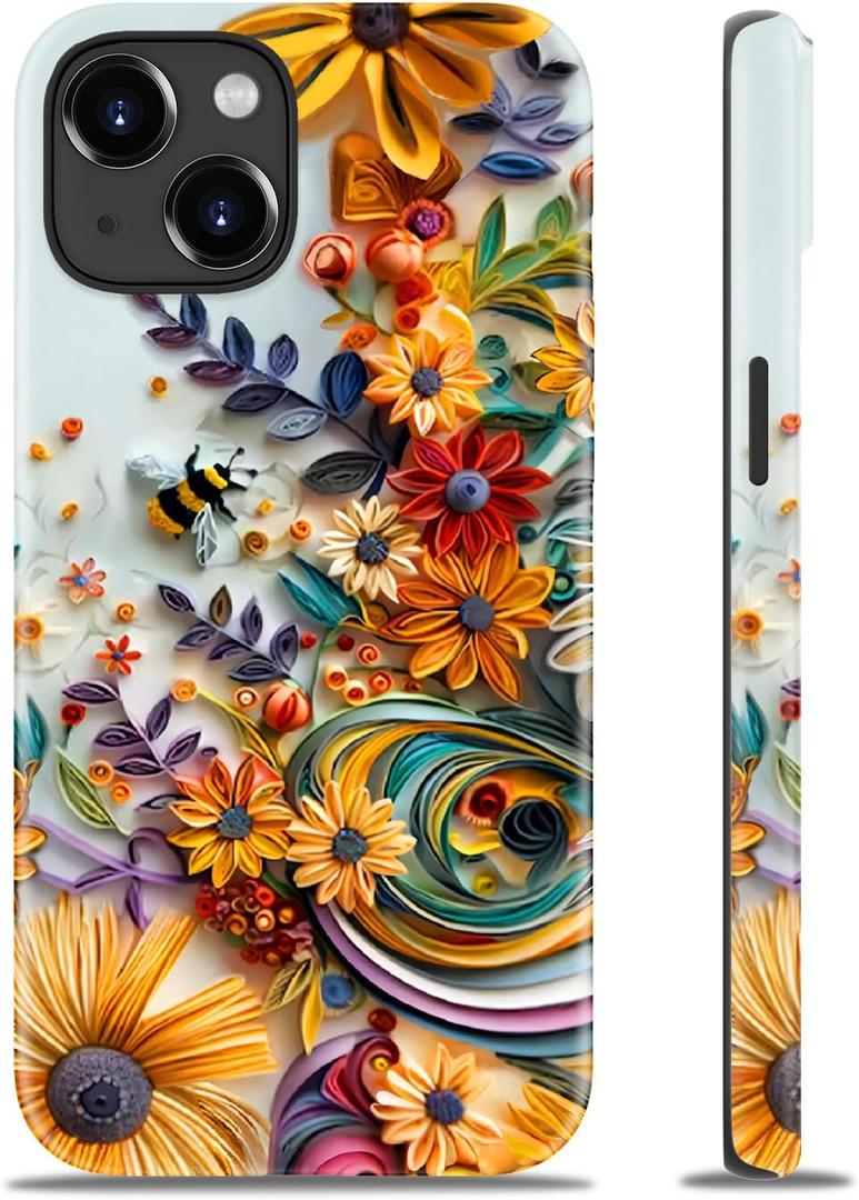 for iPhone 15 Case Cute - Wireless Charging Compatible - Dual-Layer Hard Shell + Silicone Cover - Protective Phone Case Aesthetic Trendy Designs for Women - Flower and Bee