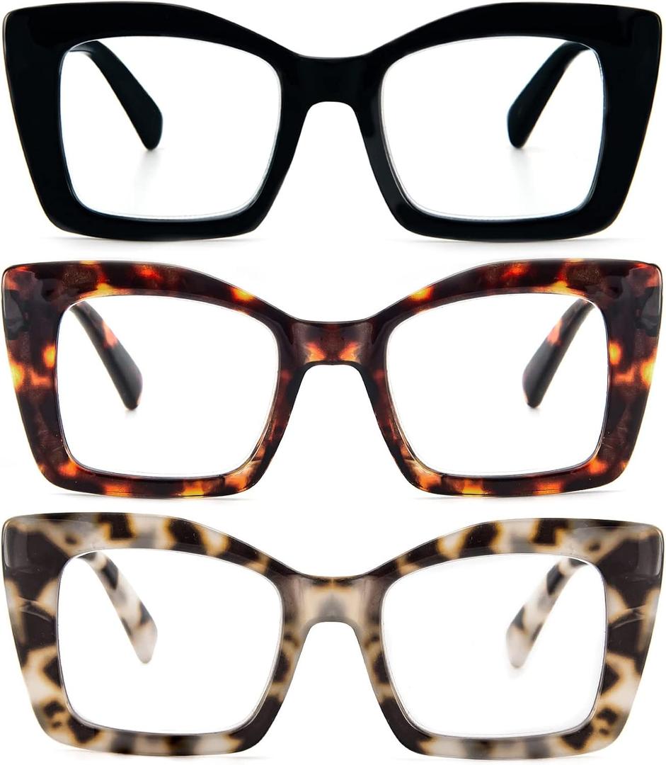 REAVEE 3 Pack Oversized Square Reading Glasses for Women, Blue Light Blocking Large Frame Computer Designer Fashion Readers with Spring Hinge (Black/Tortoise/Grey Tortoise,1.75)